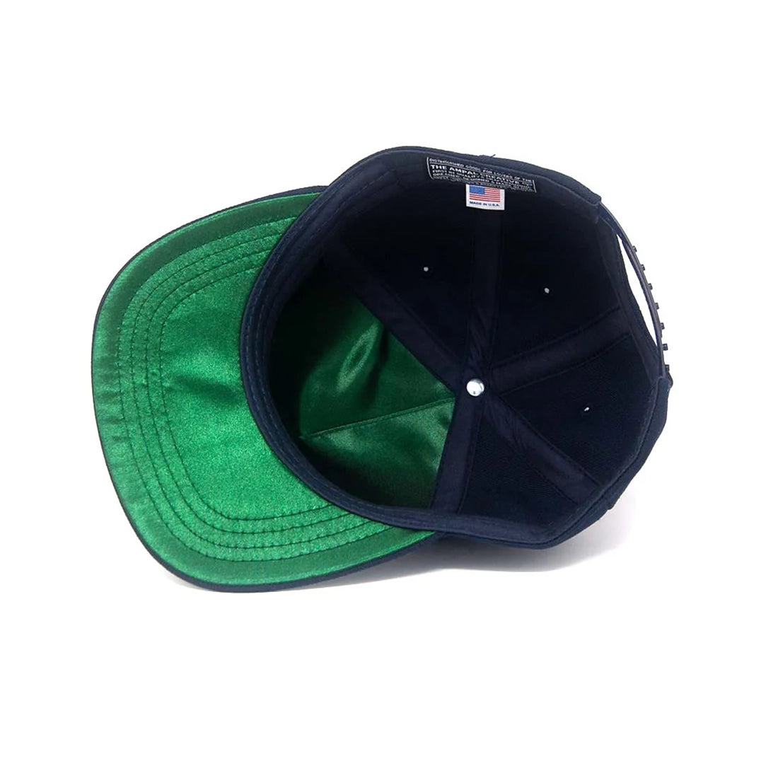 IInterior of Ampal Creative navy snapback hat with green satin lining, Made in USA label – The Simple Man