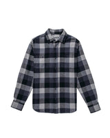 Full view of long sleeve buffalo check flannel shirt in grey and Navy – classic men’s fall layer, available at The Simple Man in Omaha.