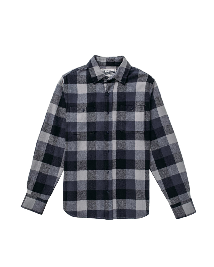 Full view of long sleeve buffalo check flannel shirt in grey and Navy – classic men’s fall layer, available at The Simple Man in Omaha.
