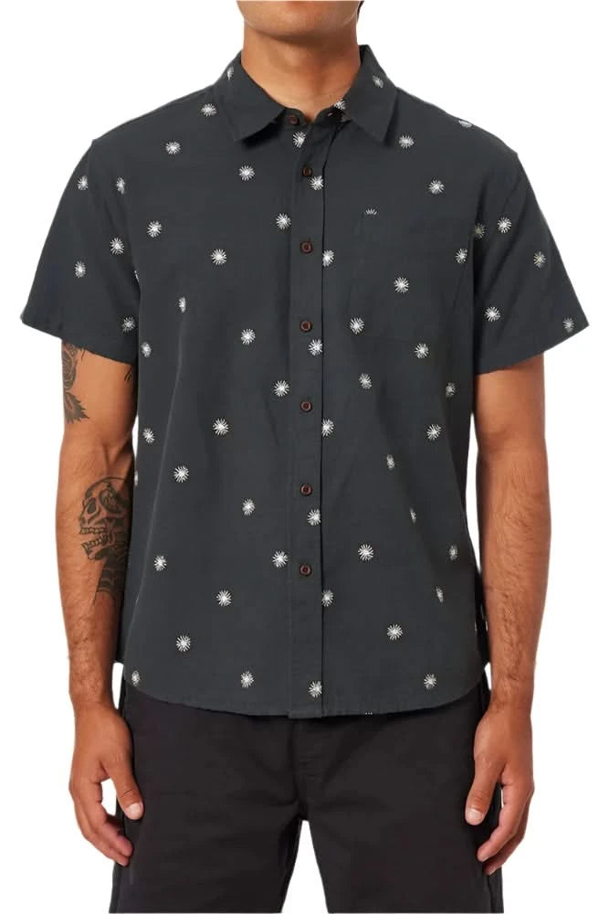 Front view of men’s Shine Shirt – button-up short sleeve with custom white sun embroidery on black dobby cotton-linen blend