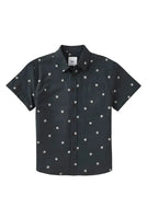 Flat lay of Shine Shirt – men’s short sleeve black button-up with allover sun embroidery and chest pocket detail