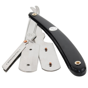 Parker SRB shavette razor shown open with stainless steel blade arm and black resin handle