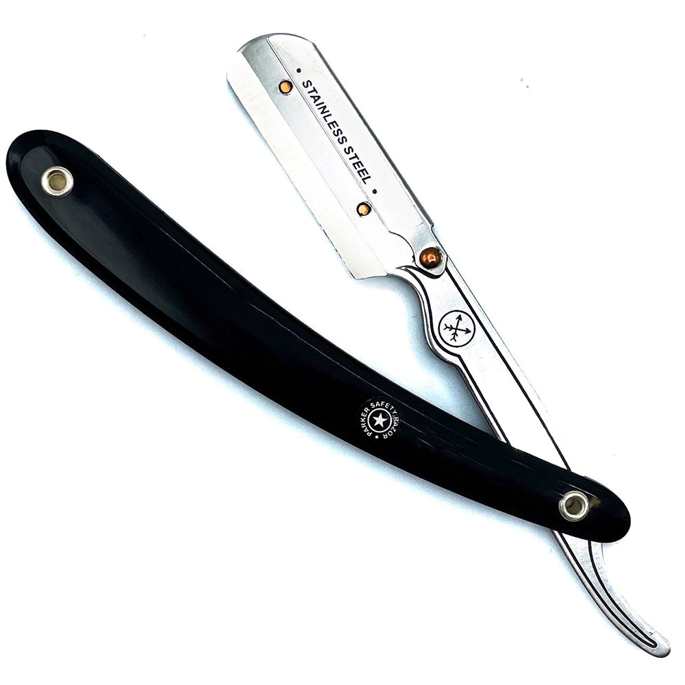 Parker SRB Black Stainless Steel Straight Razor fully opened with visible blade and handle