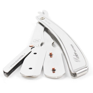 Close-up view of the Parker SRX stainless steel shavette showing the clip-style blade arm and hardware details.