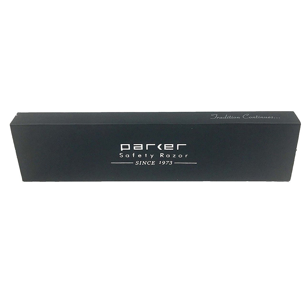 Parker Safety Razor black gift box with white branding, packaging for the Parker SRX stainless steel barber razor.