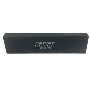 Parker Safety Razor black gift box with white branding, packaging for the Parker SRX stainless steel barber razor.