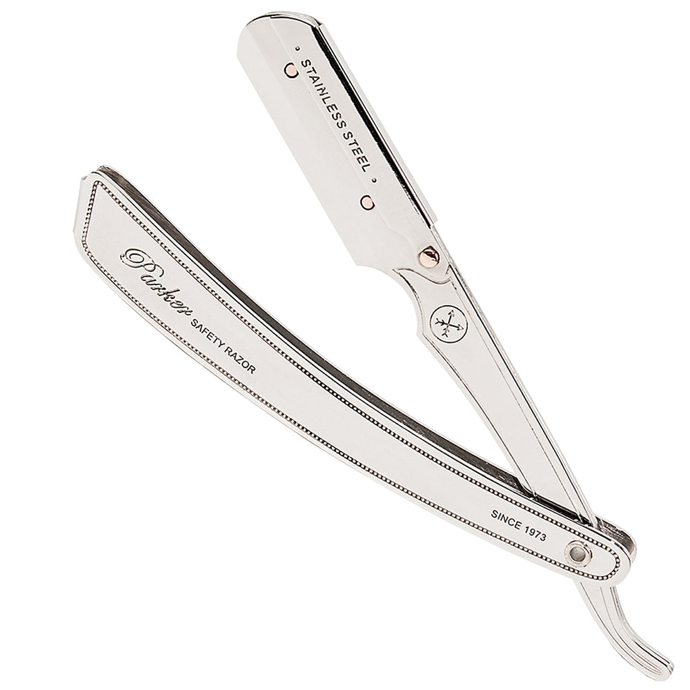 Parker SRX stainless steel barber razor fully open, showing the clip-type blade holder and engraved handle.