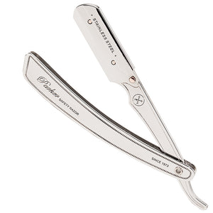 Parker SRX stainless steel barber razor fully open, showing the clip-type blade holder and engraved handle.