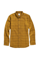 Flat lay of Sutton Slim Fit Shirt in mustard yellow plaid with long sleeves and minimalist design
