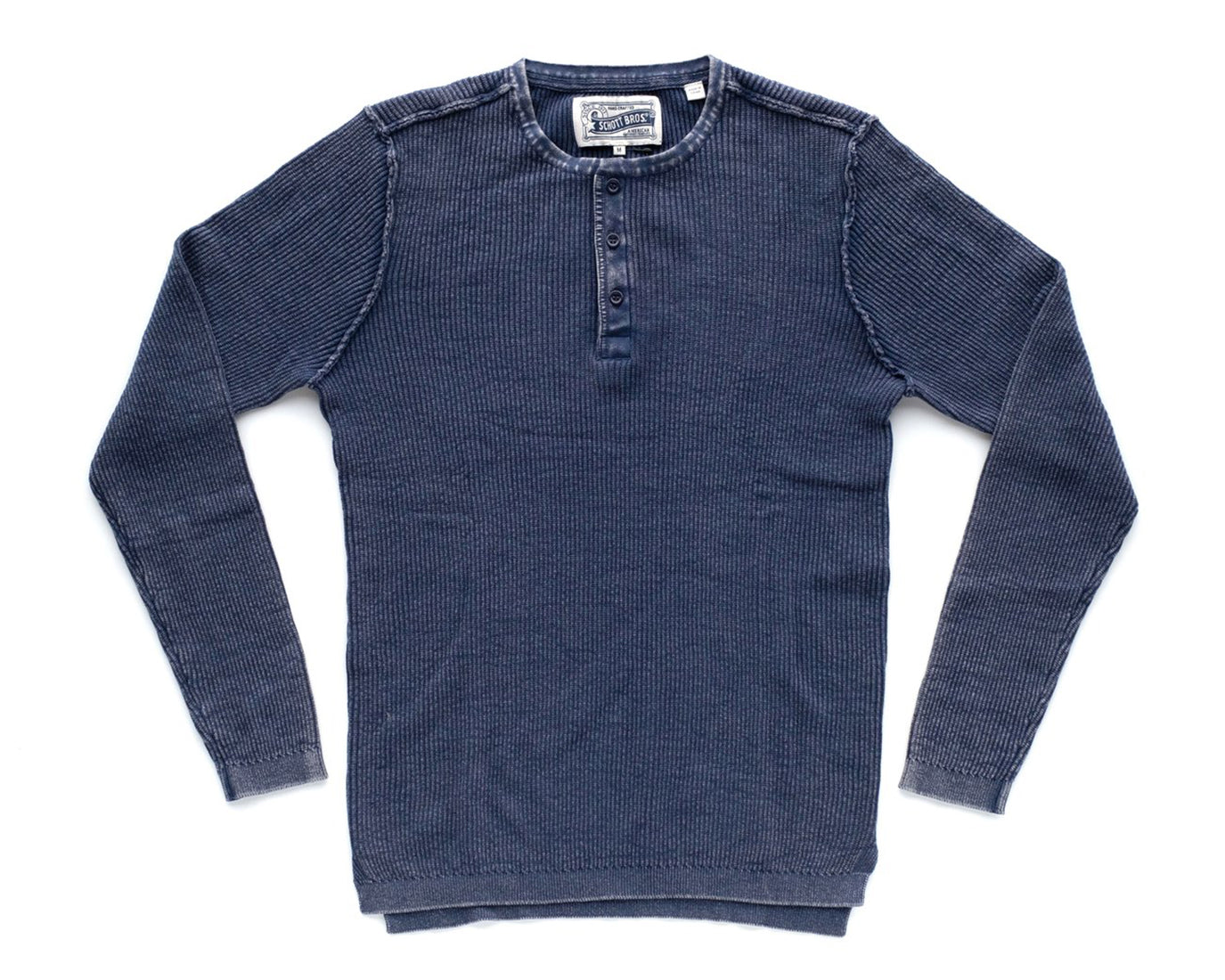 Men’s stonewashed navy henley sweater with long sleeves and 3-button collar – 100% cotton, lightweight knit, available at The Simple Man Omaha.