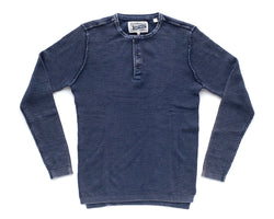 Men’s stonewashed navy henley sweater with long sleeves and 3-button collar – 100% cotton, lightweight knit, available at The Simple Man Omaha.