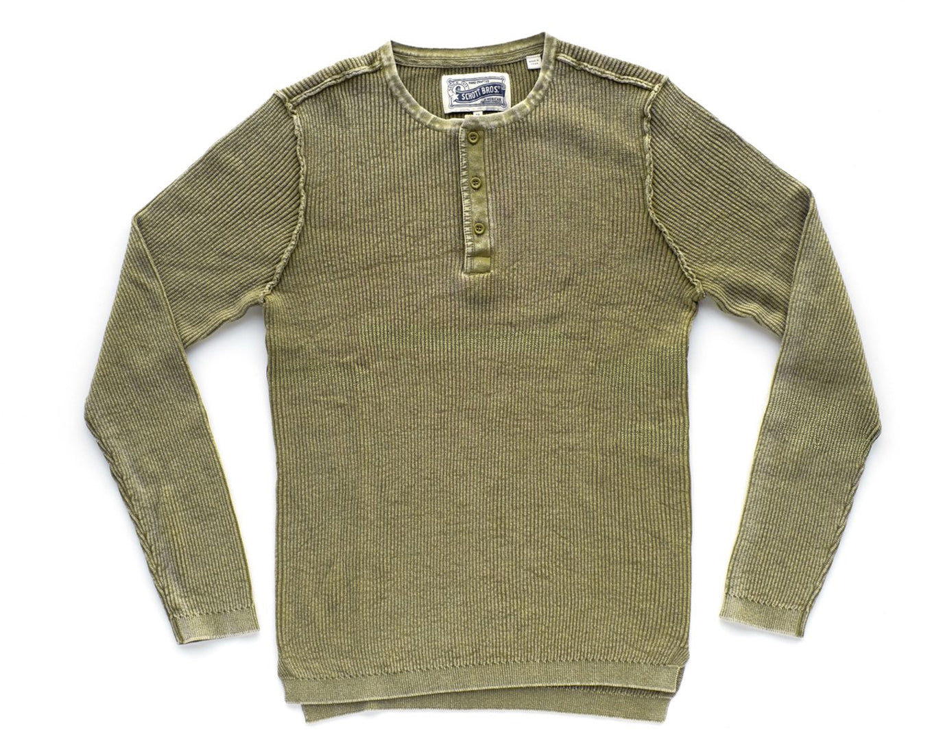 Men’s stonewashed olive green henley sweater made of soft 100% cotton with button-front placket – rugged fall style from The Simple Man.