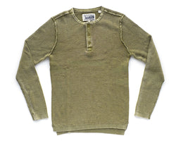 Men’s stonewashed olive green henley sweater made of soft 100% cotton with button-front placket – rugged fall style from The Simple Man.