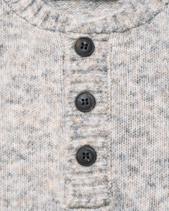 Close-up of the flecked heathered knit and buttons on the Cloud Grey tri-blend henley sweater - The Simple Man