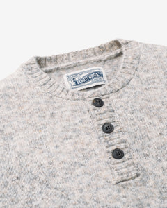 Close-up of the three-button henley placket and ribbed neckline on the Cloud Grey tri-blend sweater - The Simple Man