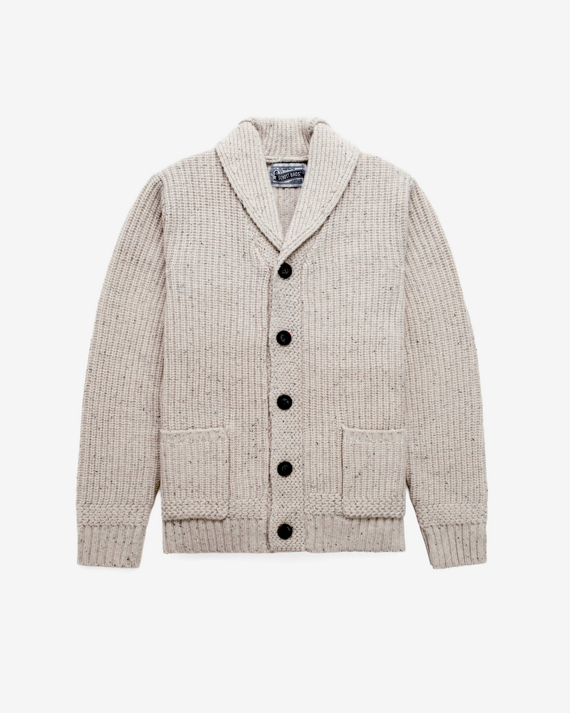 Off white Donegal shawl collar cardigan with five-button front and patch pockets, front view - The Simple Man