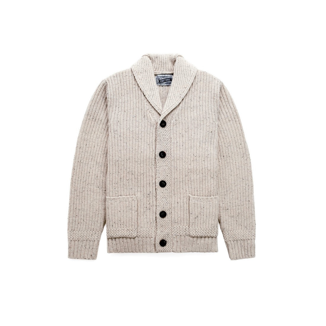 Off white Donegal shawl collar cardigan with five-button front and patch pockets, front view - The Simple Man