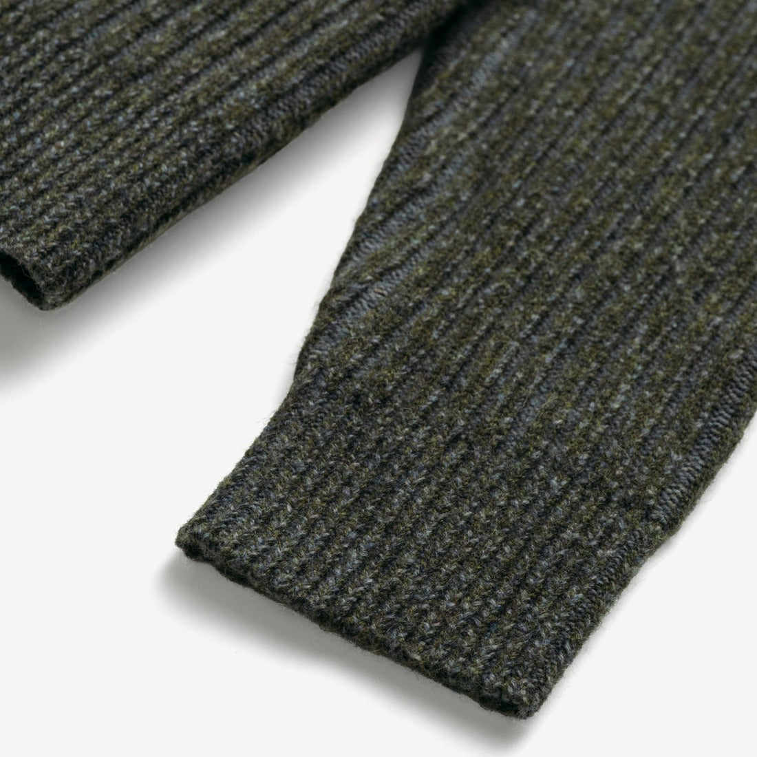 Ribbed collar detail on a moss green wool blend crewneck sweater - The Simple Man