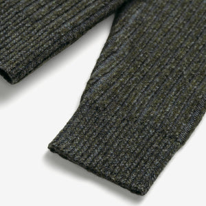 Ribbed collar detail on a moss green wool blend crewneck sweater - The Simple Man