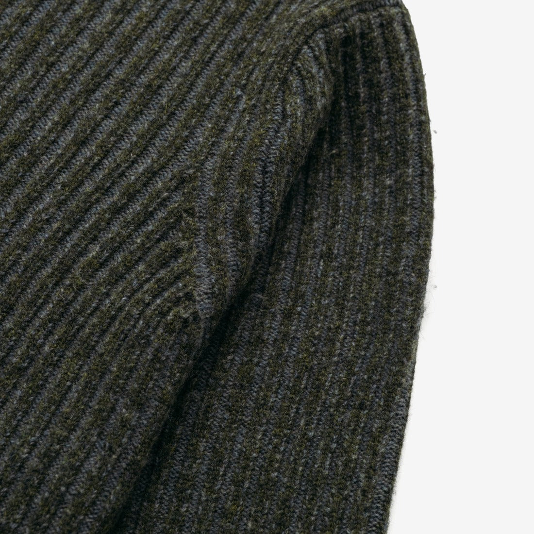 Ribbed cuff detail on a moss green wool blend crewneck sweater - The Simple Man