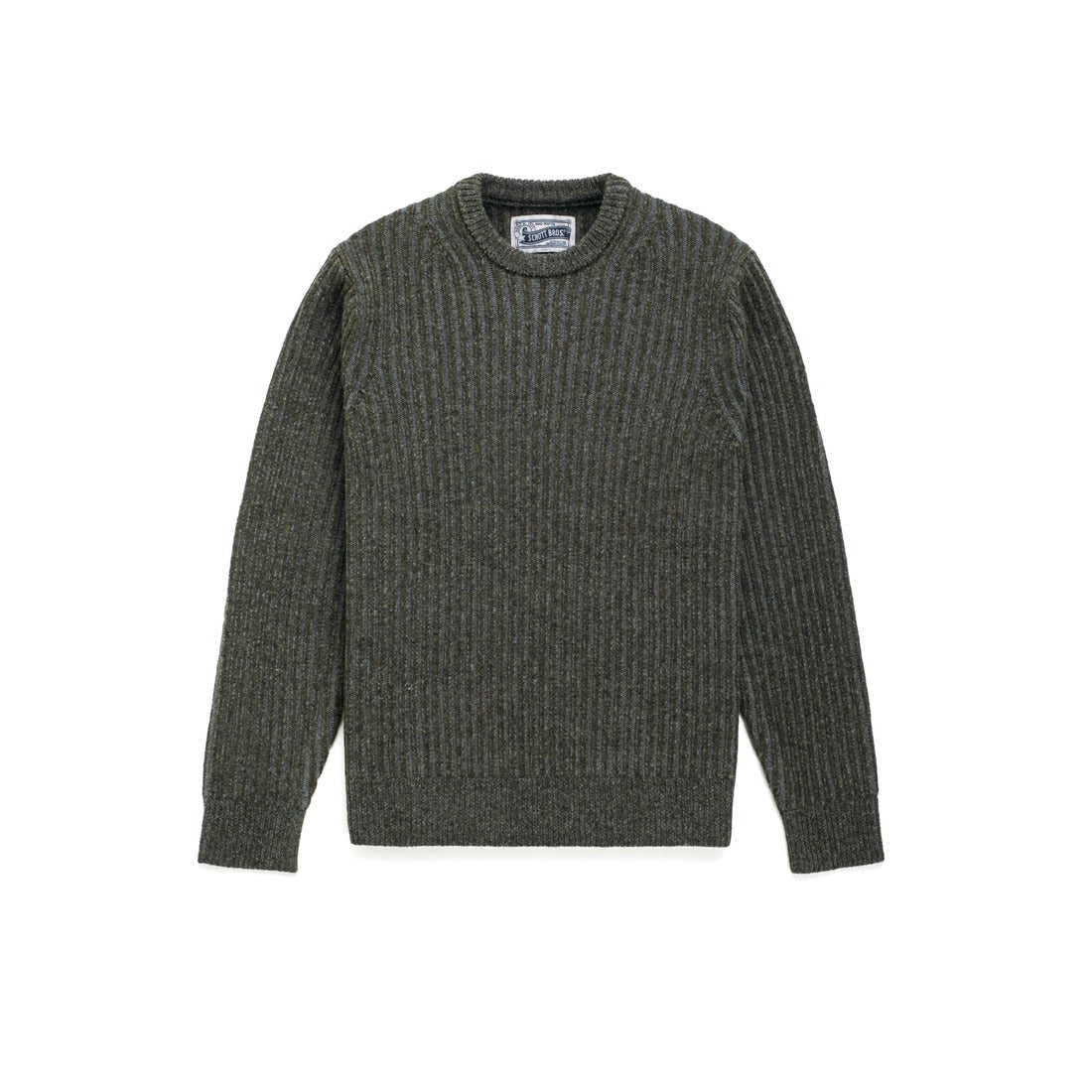 Moss green wool blend shaker knit crewneck sweater with ribbed collar and cuffs, front view - The Simple Man