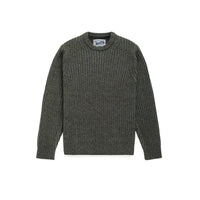 Moss green wool blend shaker knit crewneck sweater with ribbed collar and cuffs, front view - The Simple Man