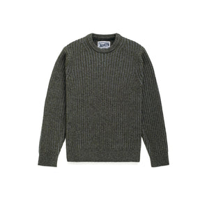 Moss green wool blend shaker knit crewneck sweater with ribbed collar and cuffs, front view - The Simple Man