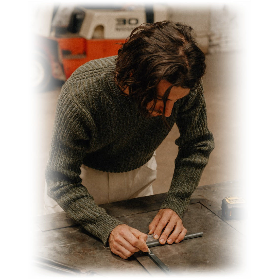 Moss green shaker knit crewneck sweater worn on model, side angle - The Simple Man