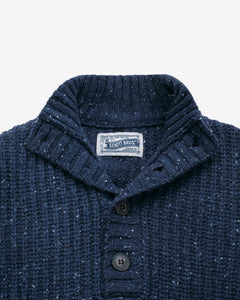Close-up of the ribbed high neck and button placket on the navy Donegal wool blend pullover sweater - The Simple Man