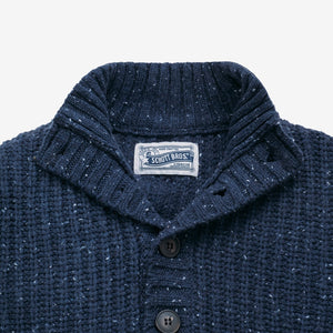 Close-up of the ribbed high neck and button placket on the navy Donegal wool blend pullover sweater - The Simple Man