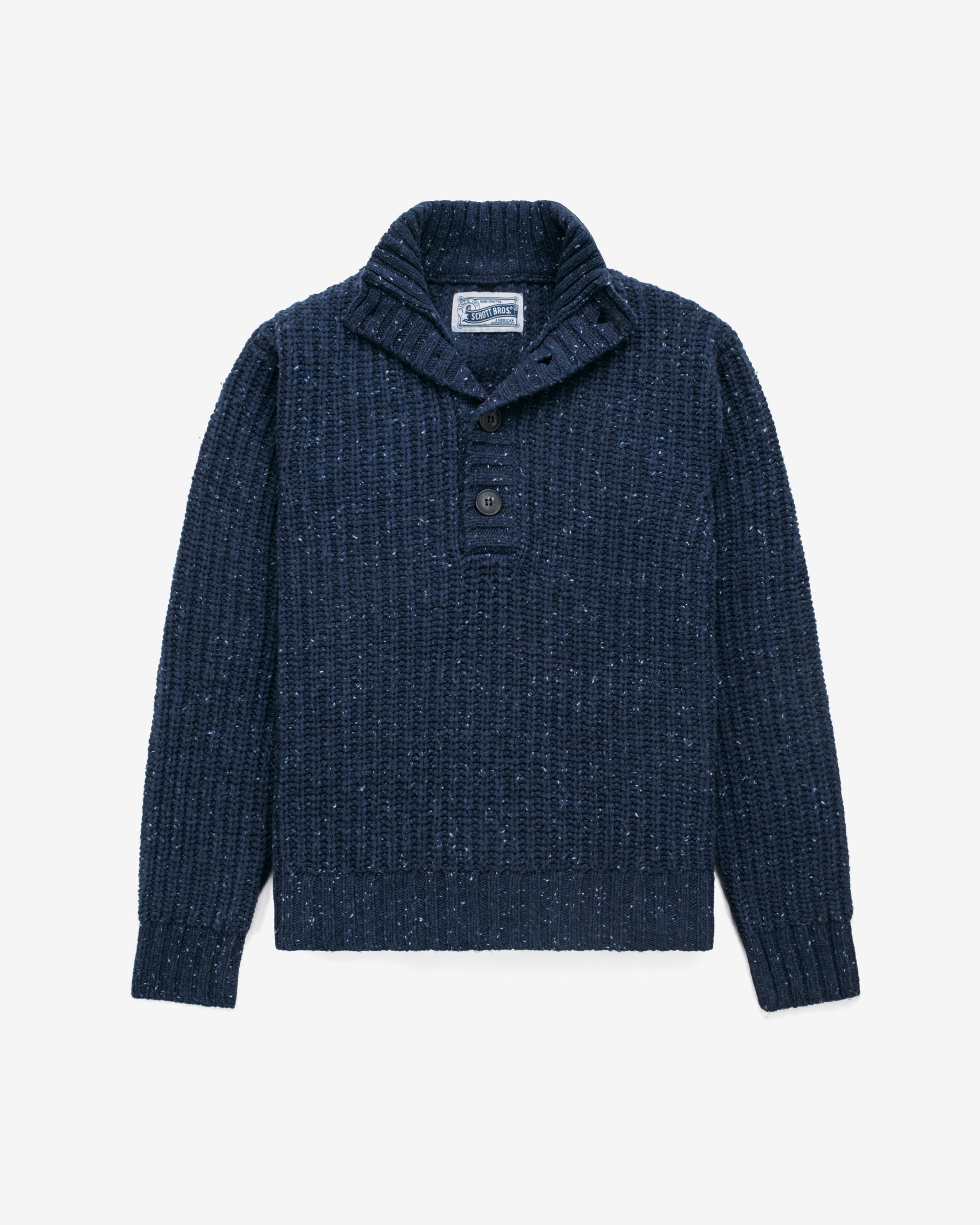 Navy Donegal hi-neck pullover sweater with button placket, front view - The Simple Man