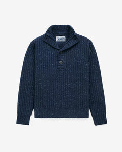 Navy Donegal hi-neck pullover sweater with button placket, front view - The Simple Man