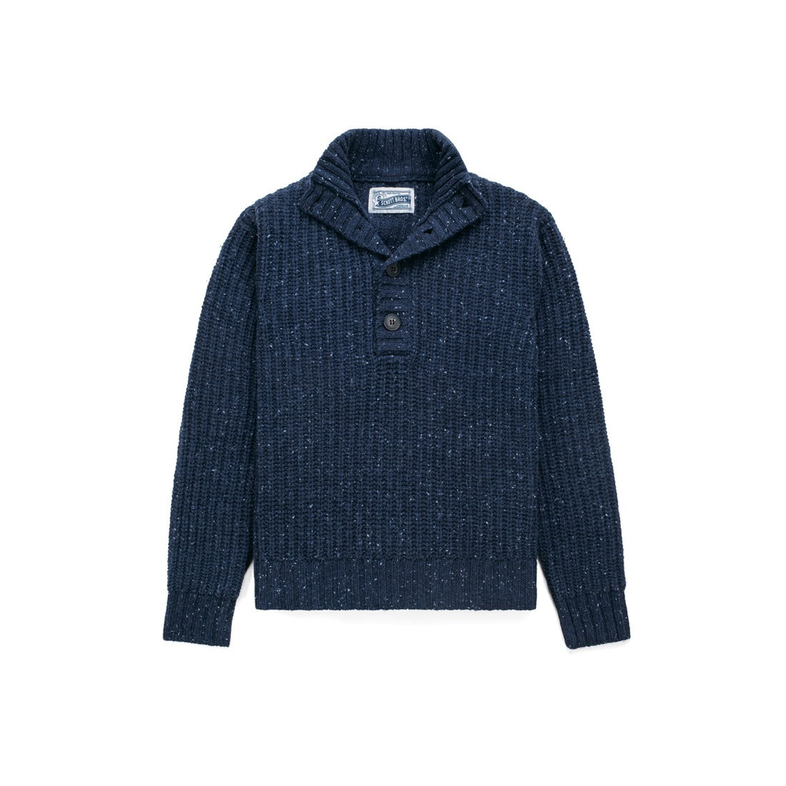 Navy Donegal hi-neck pullover sweater with button placket, front view - The Simple Man
