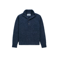 Navy Donegal hi-neck pullover sweater with button placket, front view - The Simple Man