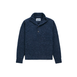 Navy Donegal hi-neck pullover sweater with button placket, front view - The Simple Man
