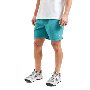 Model Wearing Howler Brothers Salado Shorts in Aqua, front view