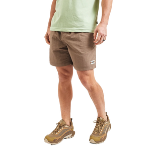 Model Wearing Howler Brothers Salado Shorts in Isotaupe color, Front  view