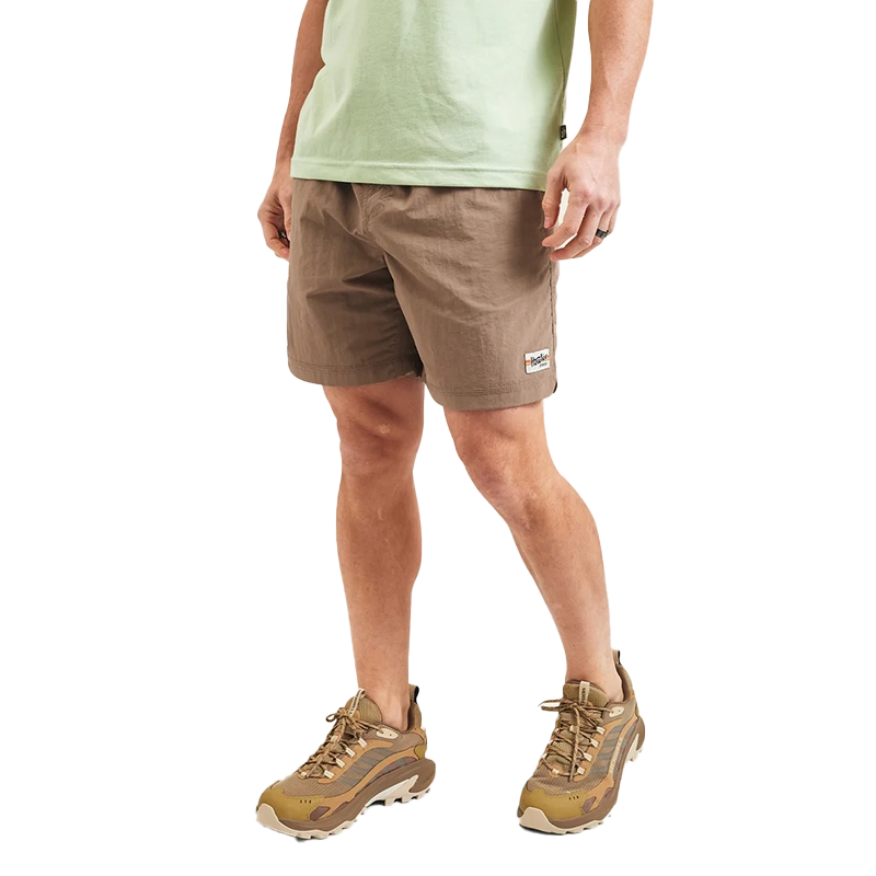 Model Wearing Howler Brothers Salado Shorts in Isotaupe color, Front  view