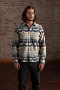 Man wearing patterned jacquard flannel shirt with chest pockets