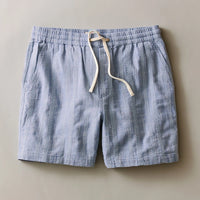Marine Layer Saturday Beach Short 6 inch in blue front view showing stretch selvage fabric