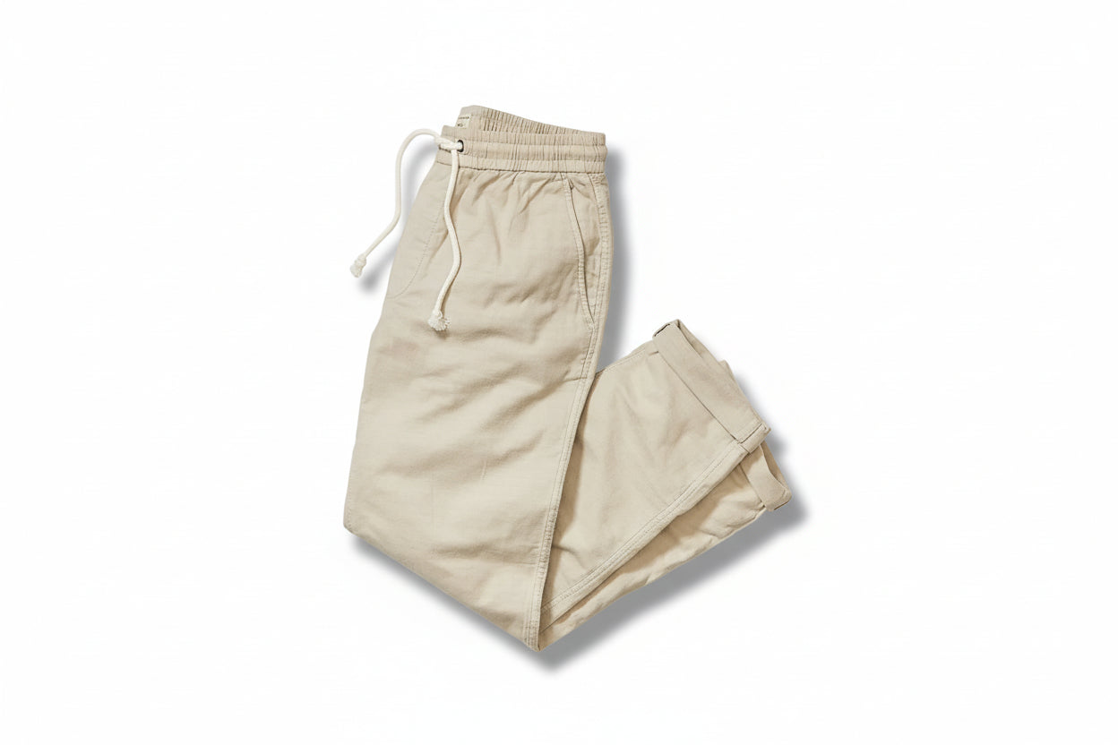 Men’s stretch beach pants with elastic waist in lightweight cotton double cloth, fog color