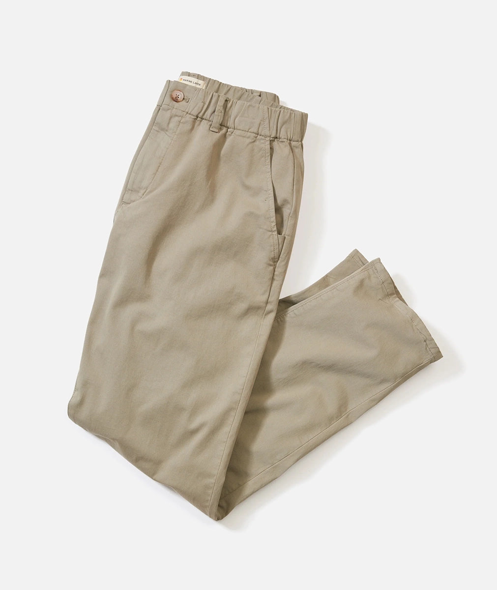 Saturday Athletic Fit Twill Chino in khaki – men's organic cotton stretch chino pants with elastic waistband and button fly, available at The Simple Man
