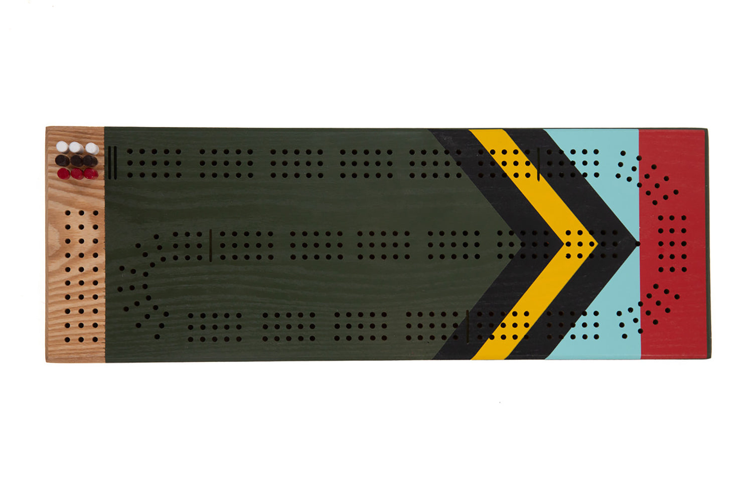 Top view of Sanborn hand-painted cherry wood cribbage board with green, yellow, black, blue, and red paddle-inspired design.