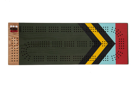 Top view of Sanborn hand-painted cherry wood cribbage board with green, yellow, black, blue, and red paddle-inspired design.
