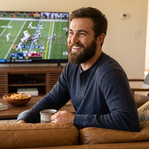 Man wearing Seabed Waffle Henley in Navy relaxing on couch watching football with coffee mug - The Simple Man