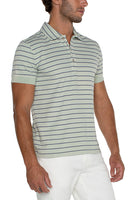 Model Wearing Seafoam Striped knit polo, Front view