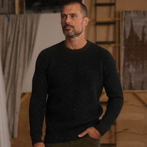 Man wearing Seawool Nep Crew sweater in Charcoal, front portrait at The Simple Man
