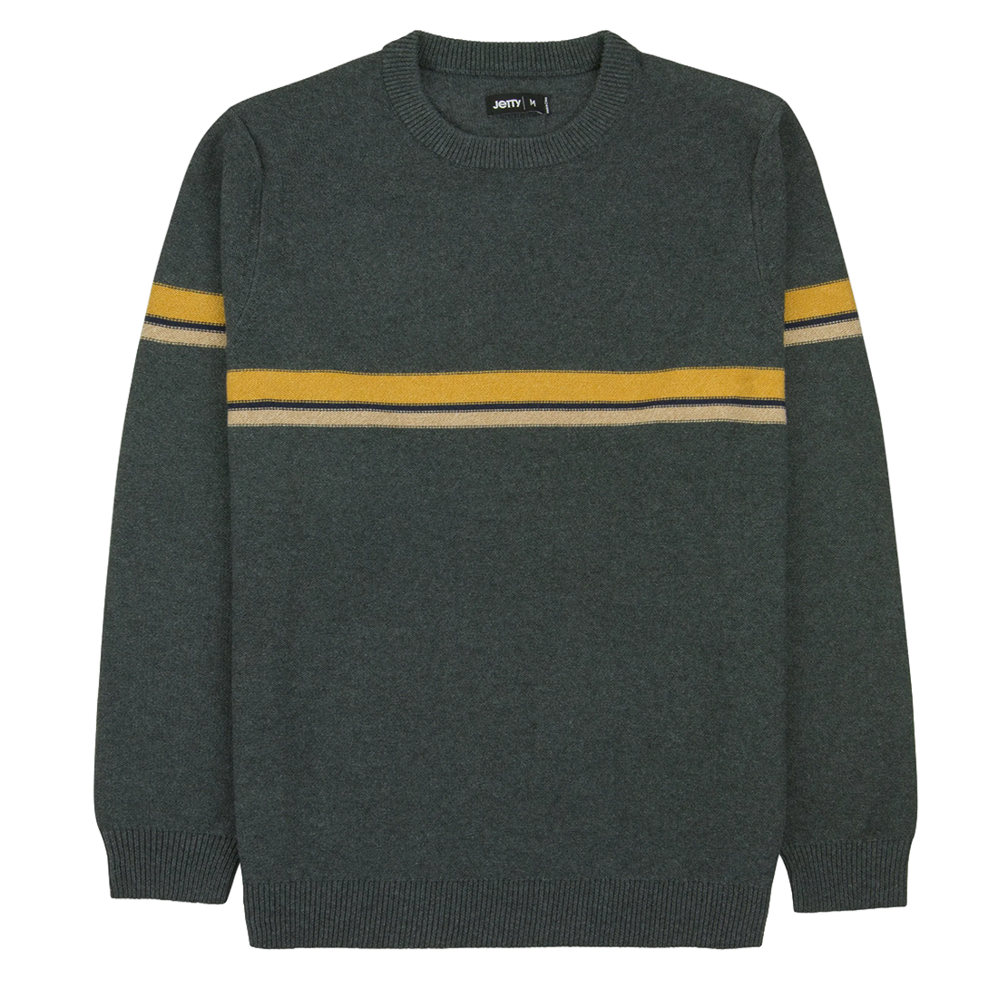 Charcoal cotton pullover sweater with two-tone mustard stripe detail, Sebastian Striped Sweater front flat lay - The Simple Man