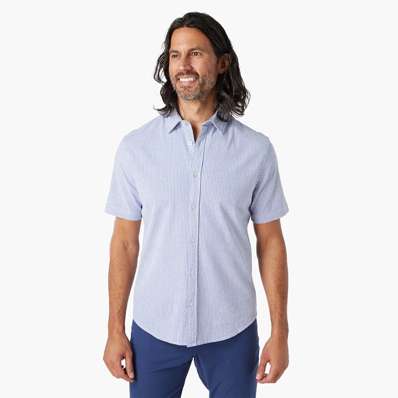 Model Wearing Fair Harbor Seersucker Short sleeve shirt in light blue, front view