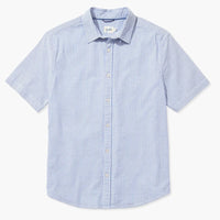 Fair Harbor Seersucker Short sleeve shirt in light blue, flat lay view